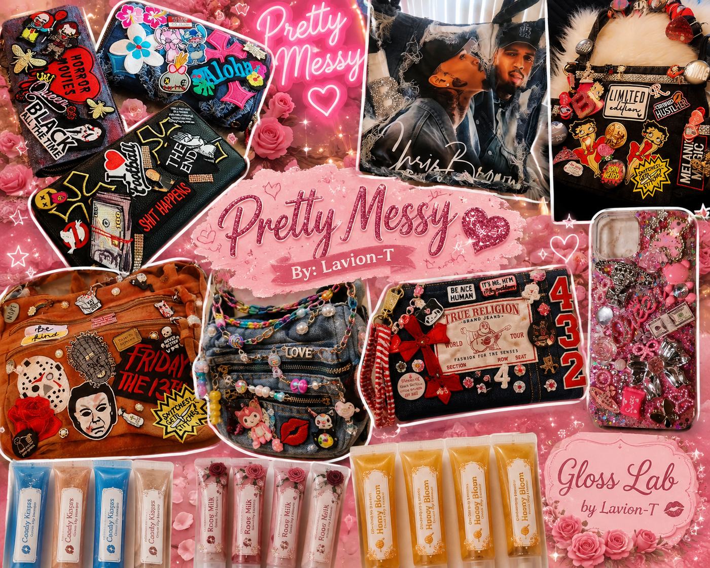 Pretty Messy product collage with custom bags, wallets, phone cases and glosses