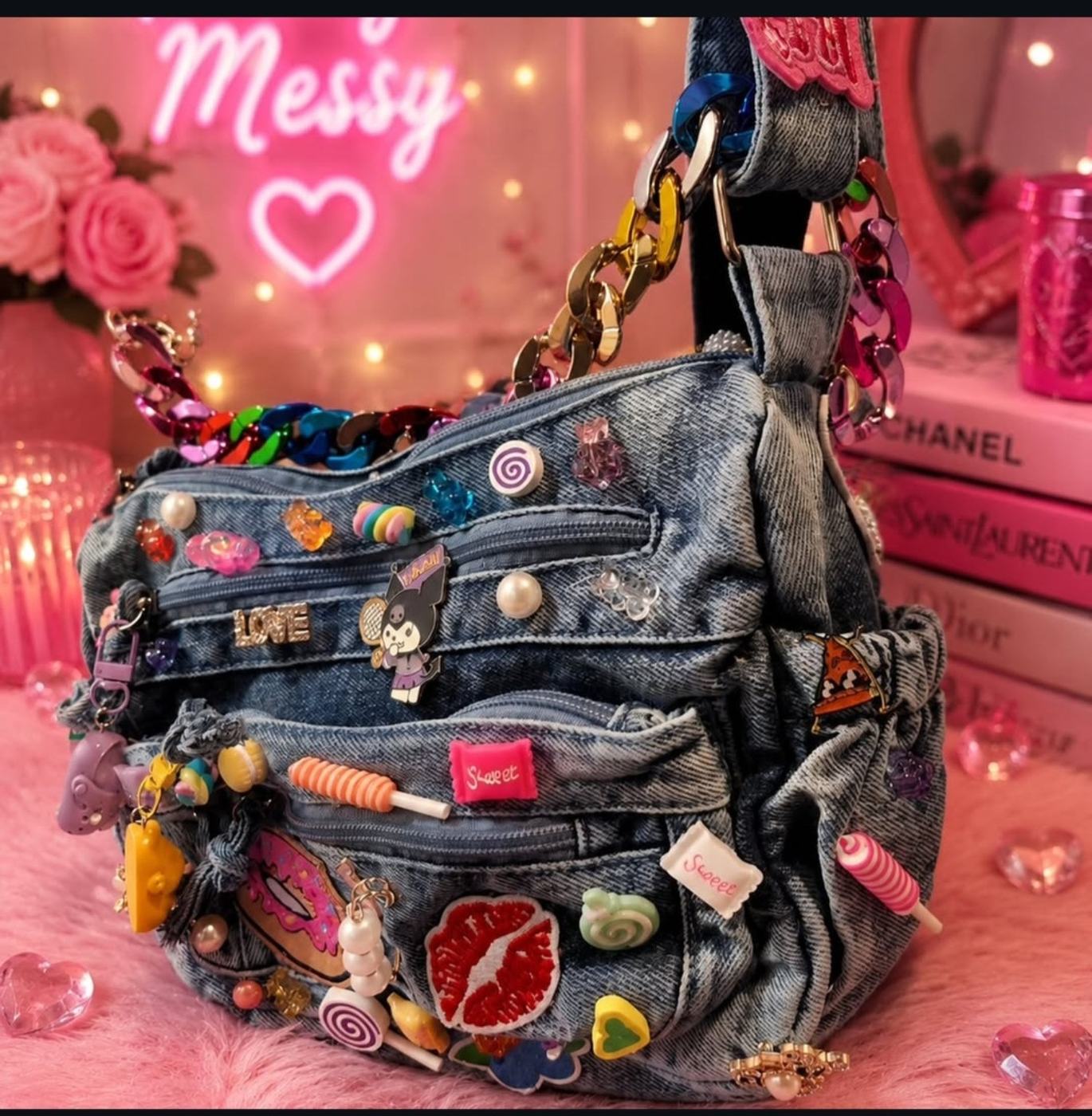 Custom embellished denim Pretty Messy bag